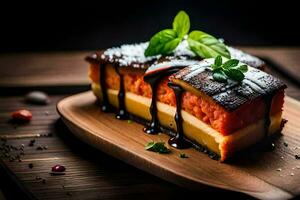 a piece of cake with chocolate sauce and herbs. AI-Generated photo