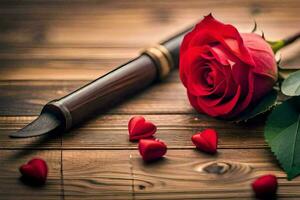 a red rose and a pen on a wooden table. AI-Generated photo