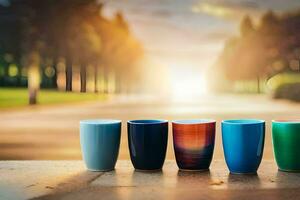 five colorful cups lined up on a table. AI-Generated photo