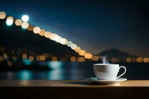 a cup of coffee on a wooden table in front of a city at night. AI-Generated photo