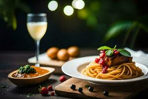 spaghetti with meat and sauce on a wooden table. AI-Generated photo