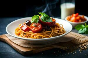 spaghetti with tomatoes and olives in a bowl. AI-Generated photo