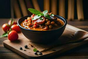 a bowl of chili con carne with a spoon. AI-Generated photo