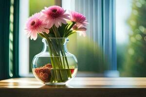 pink flowers in a vase on a table. AI-Generated photo