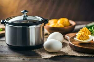 a pot with eggs and a pan with eggs. AI-Generated photo