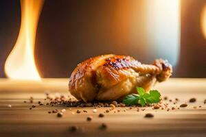 a chicken on a wooden table with spices. AI-Generated photo