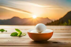 eggs in a bowl on a wooden table. AI-Generated photo