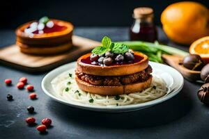 a plate with spaghetti and meatballs on it. AI-Generated photo