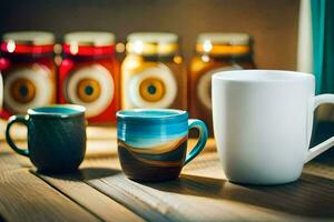 un café taza y dos tazas en un mesa. generado por ai foto