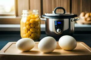 three eggs sit on a cutting board next to an instant pot. AI-Generated photo