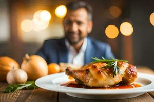 a man in a suit is sitting at a table with a plate of food. AI-Generated photo