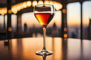 a glass of wine on a table in front of a cityscape. AI-Generated photo