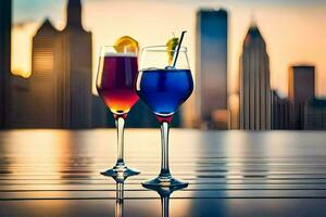 dos lentes de vistoso bebidas con ciudad horizonte en antecedentes. generado por ai foto