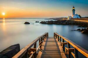 a wooden walkway leads to a lighthouse at sunset. AI-Generated photo