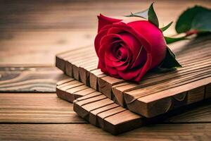 a single red rose sitting on top of wooden blocks. AI-Generated photo
