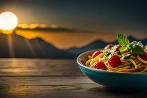 pasta with raspberries and mint on a wooden table. AI-Generated photo