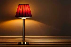 a lamp with a red shade on a wooden floor. AI-Generated photo