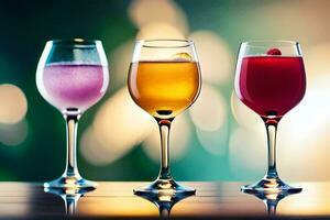 three glasses of different colored drinks on a table. AI-Generated photo