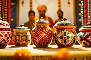 colorful pots and vases on a table with a man in the background. AI-Generated photo