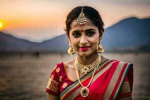 a beautiful indian woman in a red sari. AI-Generated photo