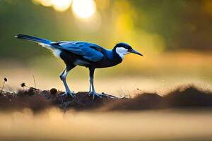 un azul y blanco pájaro en pie en un suciedad parche. generado por ai foto