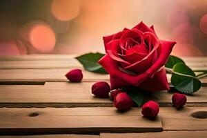 red rose on a wooden table with red berries. AI-Generated photo