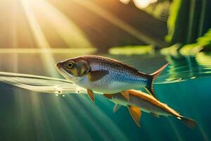 two fish swimming in the water with sunlight shining. AI-Generated photo