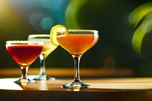 three different cocktails sit on a table. AI-Generated photo