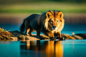 a lion walking across the water in front of a green field. AI-Generated photo