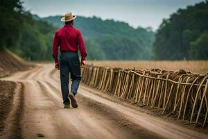 a man in a red shirt and hat walking down a dirt road. AI-Generated photo