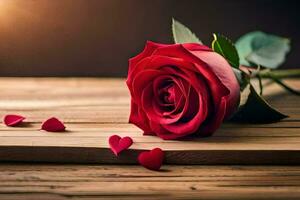 a single red rose is on a wooden table with hearts scattered around it. AI-Generated photo