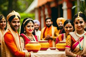 indio Boda ceremonia con novia y novio. generado por ai foto