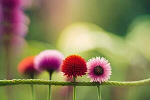 Tres rosado flores son sentado en un verde provenir. generado por ai foto