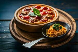 italian food in a wooden bowl. AI-Generated photo