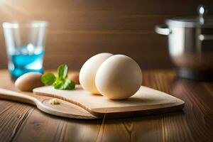 two eggs on a cutting board with a knife and a pot. AI-Generated photo