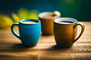 two coffee cups on a wooden table. AI-Generated photo