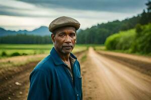 a man standing on a dirt road in front of a green field. AI-Generated photo