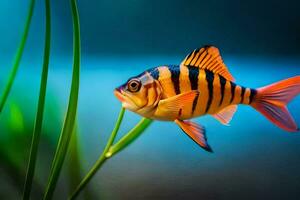 a fish with black and orange stripes is standing in the grass. AI-Generated photo