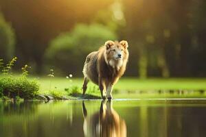 a lion walking across a pond in the morning. AI-Generated photo