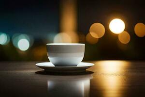 a cup of coffee on a table in the dark. AI-Generated photo