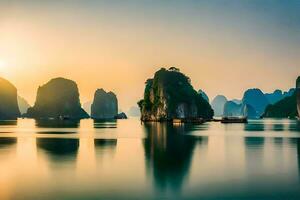 the sun rises over the water in halong bay, vietnam. AI-Generated photo
