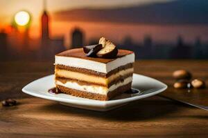a slice of cake on a plate with a cityscape in the background. AI-Generated photo
