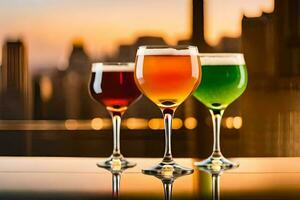 three glasses of different colored drinks on a table. AI-Generated photo