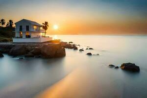 a house on the beach at sunset. AI-Generated photo