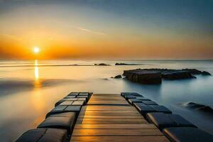 a wooden dock leads to the ocean at sunset. AI-Generated photo