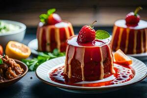 a dessert with strawberries and sauce on a plate. AI-Generated photo