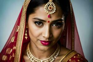 a beautiful indian woman wearing a red sari. AI-Generated photo