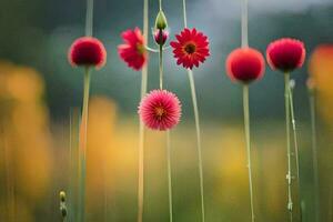 red flowers hanging from a string in a field. AI-Generated photo