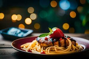 a plate of spaghetti with a strawberry on top. AI-Generated photo