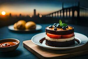 a cake with fruit and a view of the city. AI-Generated photo